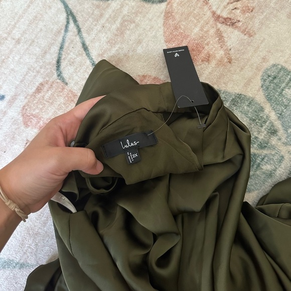 LULU’S Distinctive Charm Olive Green Satin Asymmetrical Maxi Dress - Picture 6 of 6